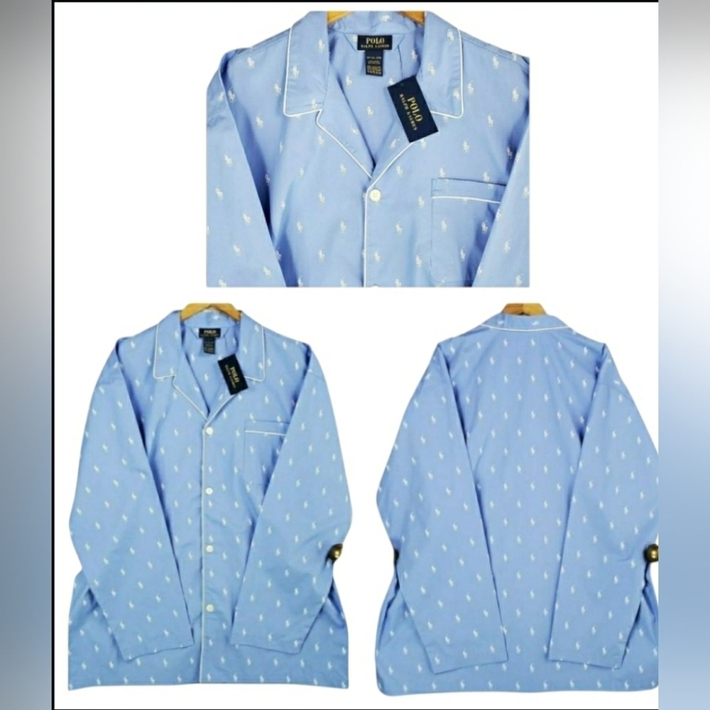 Polo 3XL Blue Cotton All Over Pony Pajama Button Front Shirt New